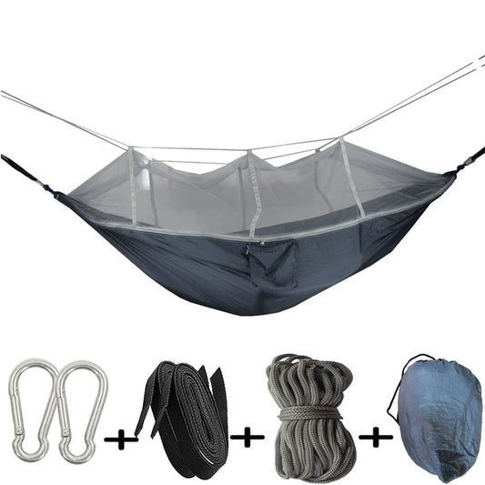 Camping Hammock with Integrated Mosquito Net — Complete Set (Straps + Carabiners)