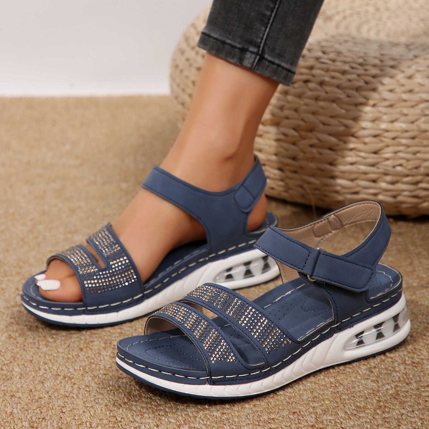 Women's Rhinestone Wedge Sandals – Air Cushion Comfort & Velcro Strap Design