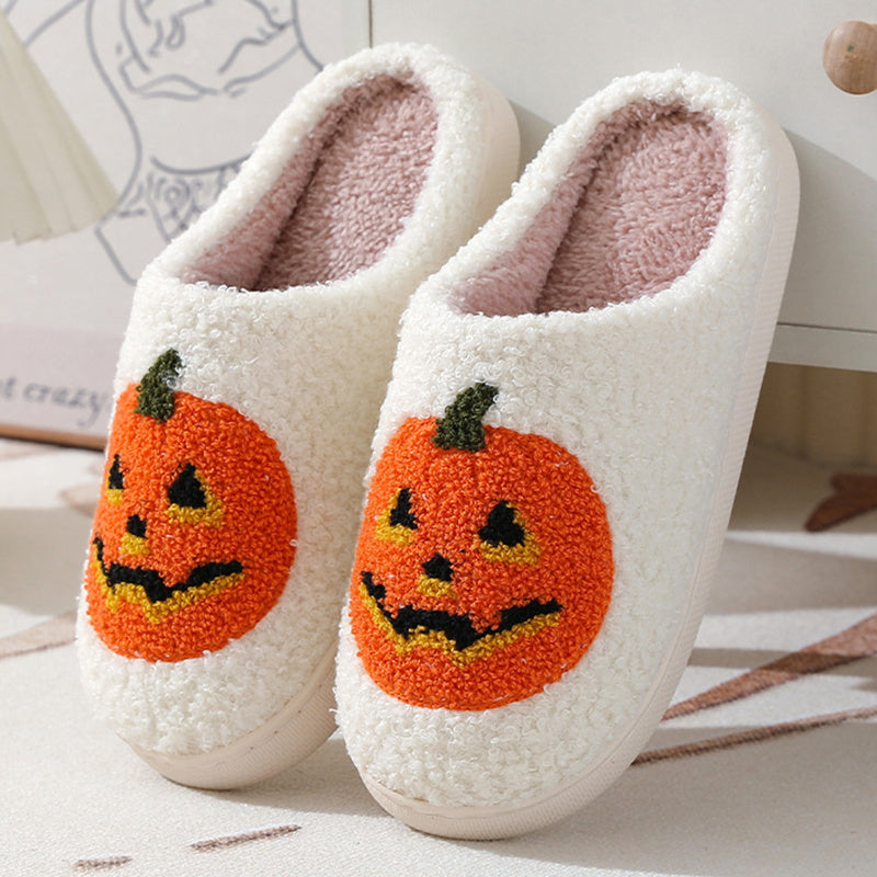 Halloween Pumpkin Plush Slippers – Cozy Warm Indoor House Shoes for Women & Men