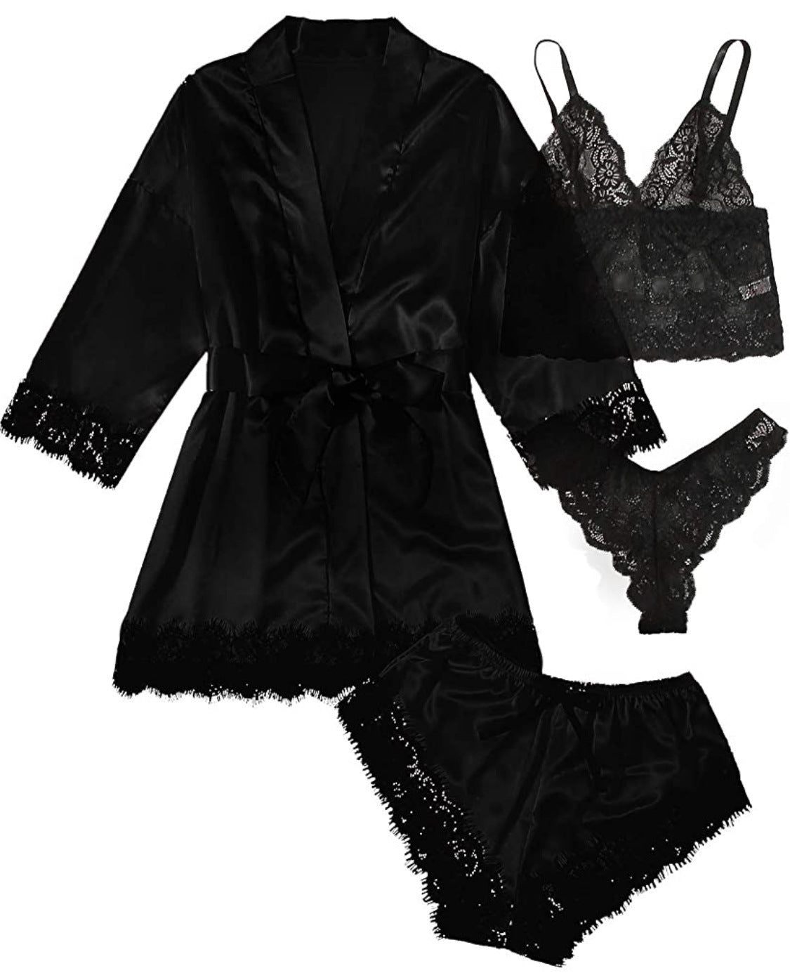 Women's 4-Piece Satin Lace Sleepwear Set – Elegant Loungewear for Confident Nights