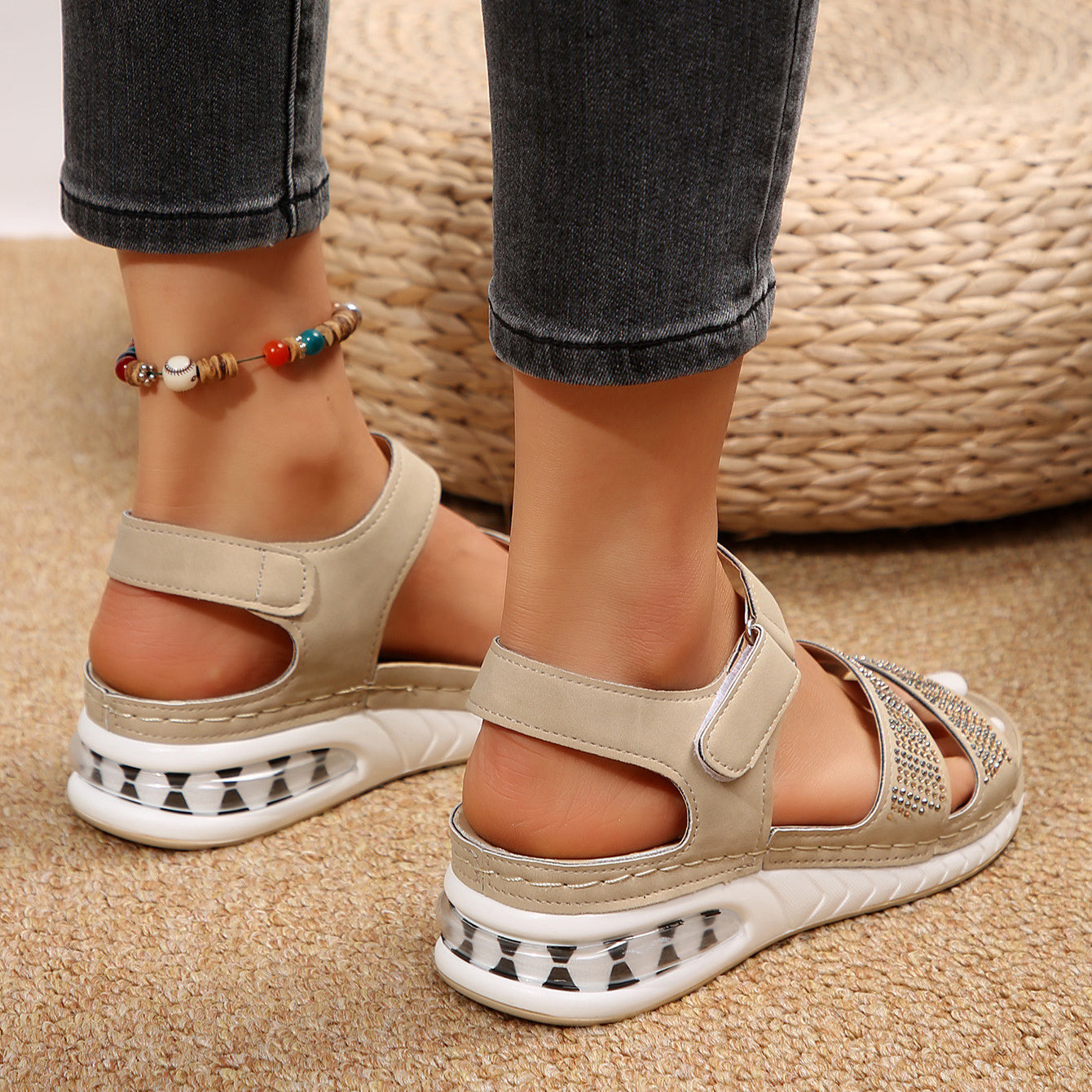 Women's Rhinestone Wedge Sandals – Air Cushion Comfort & Velcro Strap Design