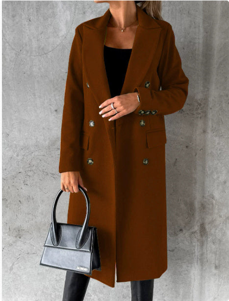 Women’s Elegant Long Double-Breasted Coat with Pockets