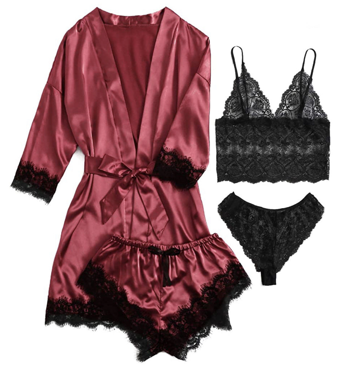 Women's 4-Piece Satin Lace Sleepwear Set – Elegant Loungewear for Confident Nights