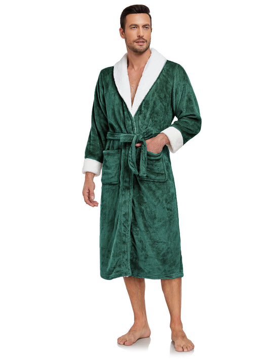 Men’s Plush Long Bathrobe – Soft Fleece Robe with Shawl Collar & Belt, Full Length, Warm and Cozy Loungewear