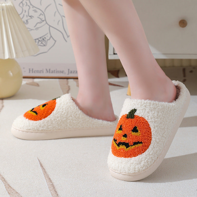 Halloween Pumpkin Plush Slippers – Cozy Warm Indoor House Shoes for Women & Men