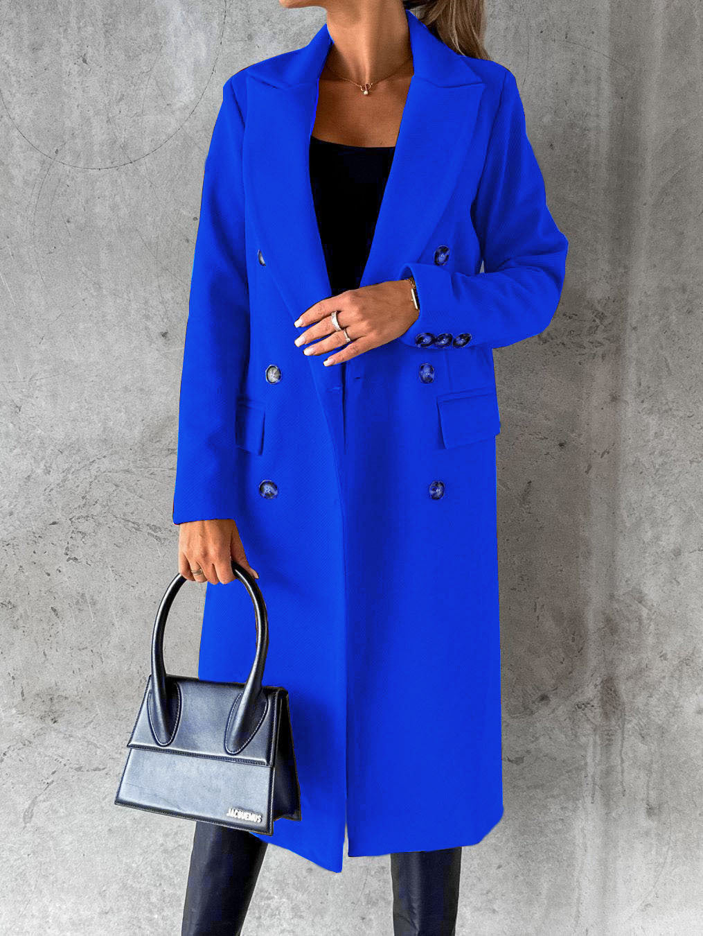 Women’s Elegant Long Double-Breasted Coat with Pockets
