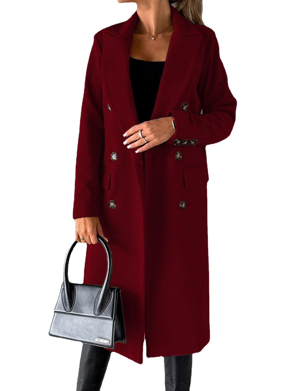 Women’s Elegant Double-Breasted Long Coat – Classic Winter Fashion Overcoat with Pockets