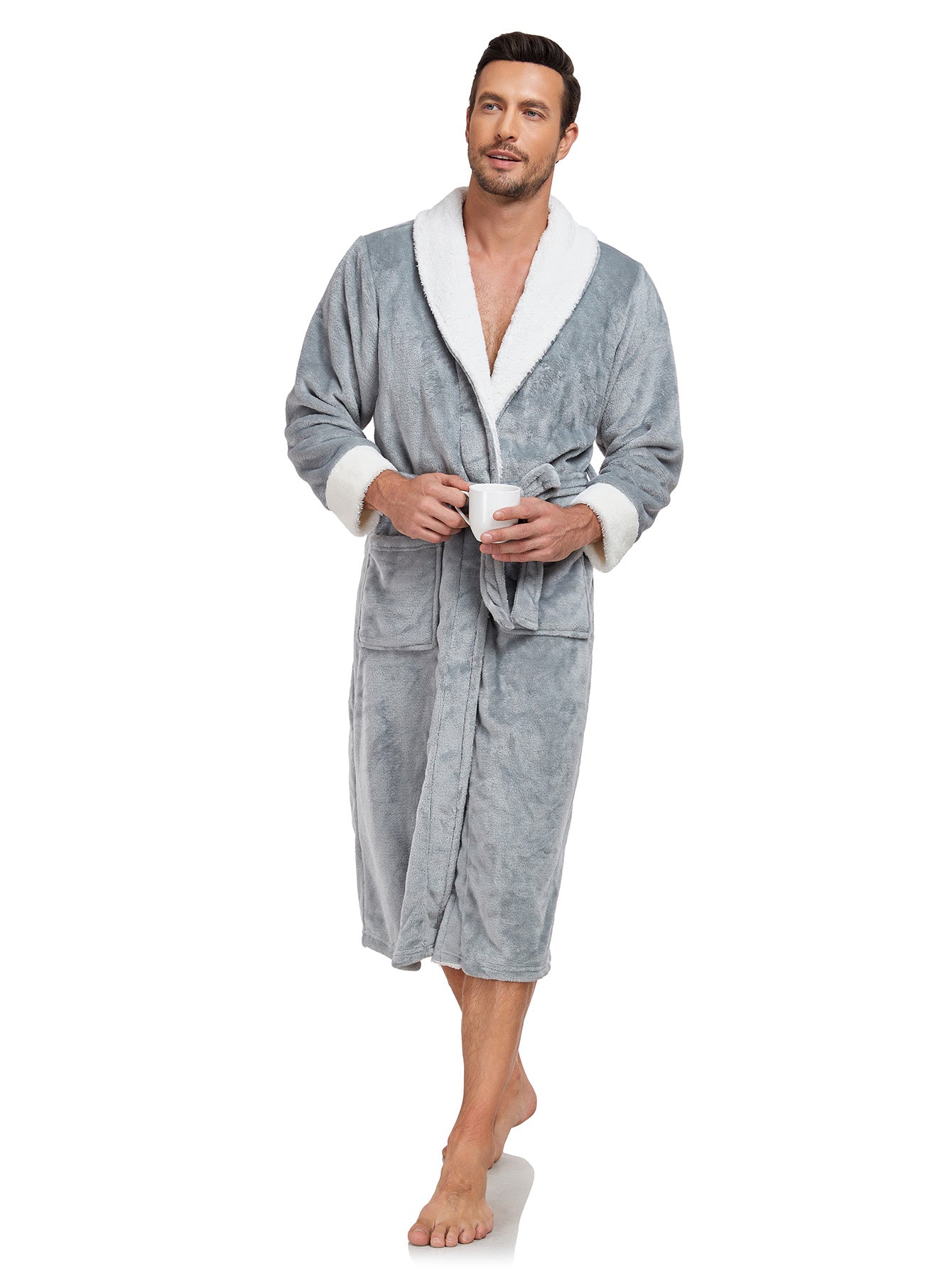 Luxury Plush Bathrobe for Men – Full-Length Warm Fleece Robe with Shawl Collar & Belt