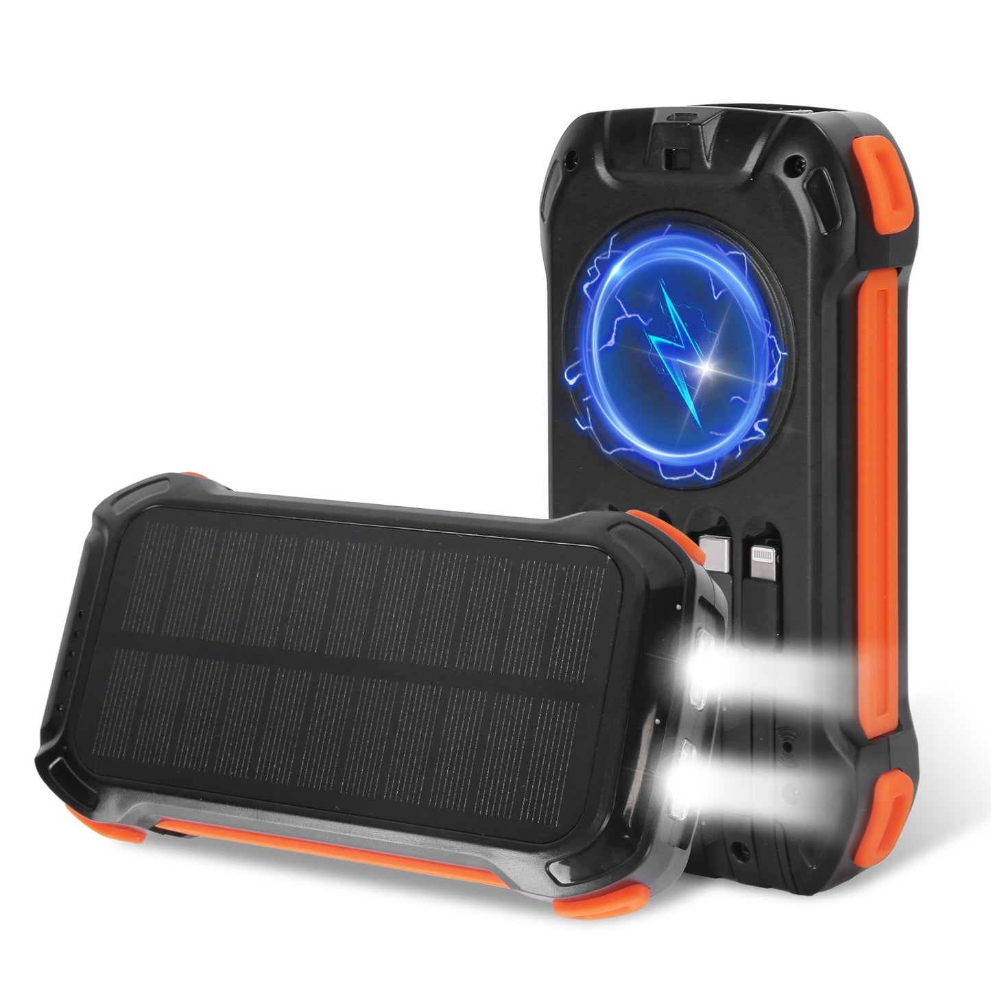Solar Power Bank 49800mAh – Fast Charging, 4 Built-in Cables & Wireless Charger with LED Flashlight