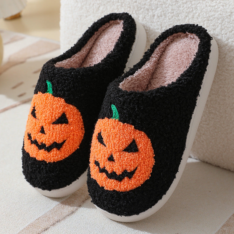 Halloween Pumpkin Plush Slippers – Cozy Warm Indoor House Shoes for Women & Men