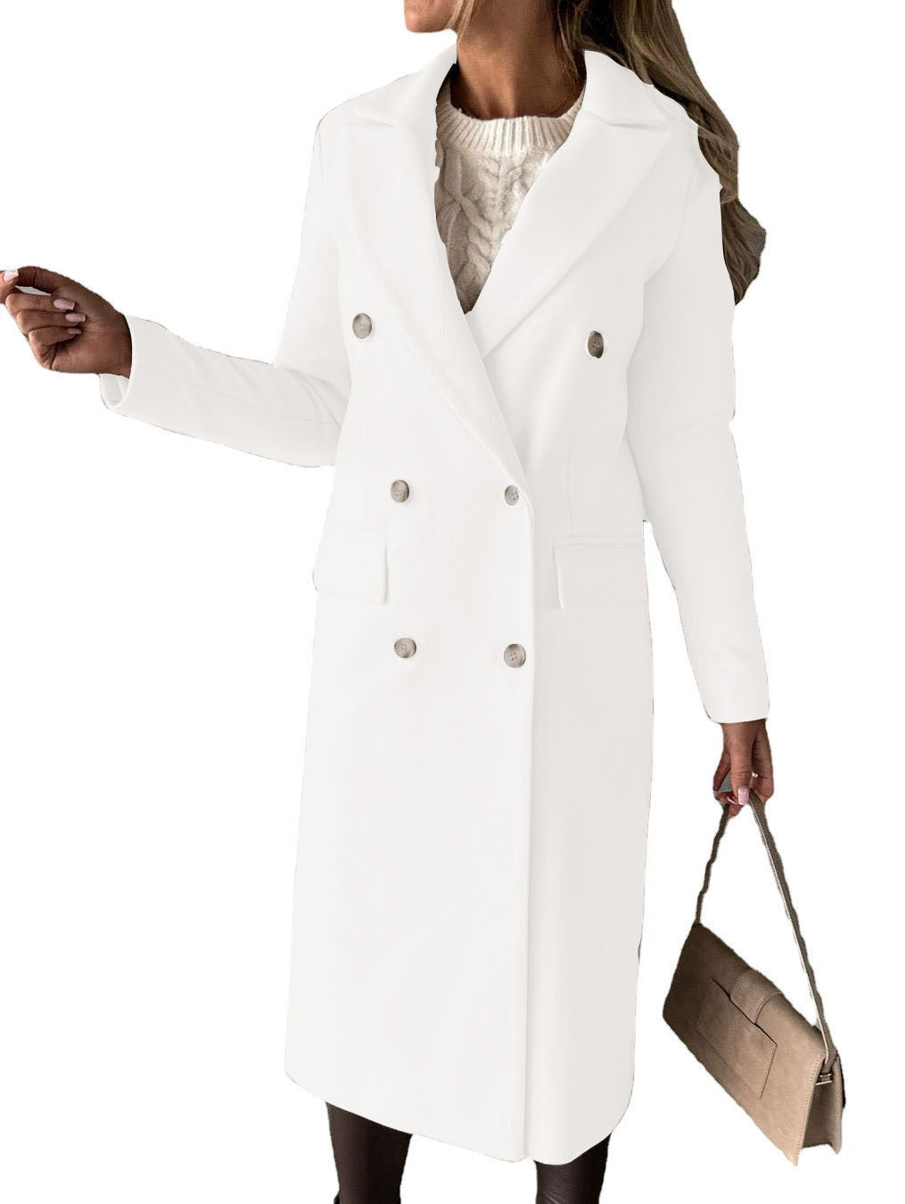 Women’s Elegant Long Double-Breasted Coat with Pockets
