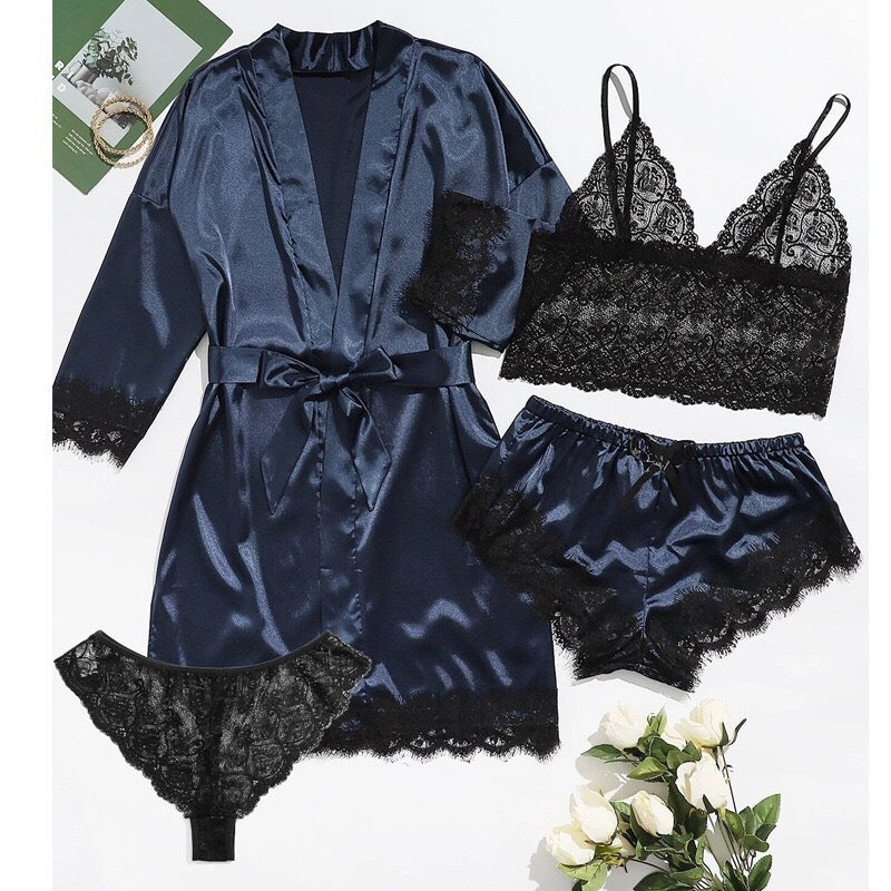 Women's 4-Piece Satin Lace Sleepwear Set – Elegant Loungewear for Confident Nights