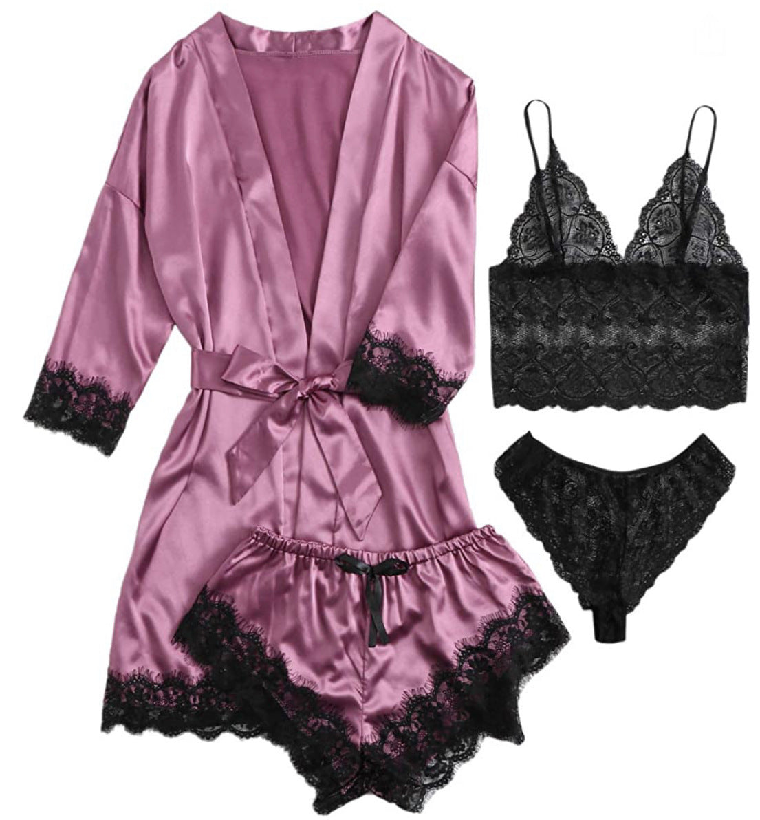 Women's 4-Piece Satin Lace Sleepwear Set – Elegant Loungewear for Confident Nights