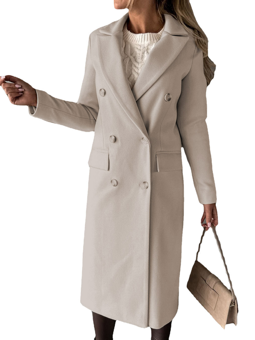 Women’s Elegant Double-Breasted Long Coat – Classic Winter Fashion Overcoat with Pockets