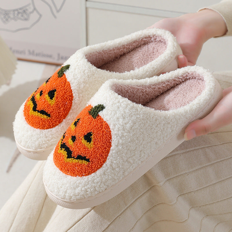 Halloween Pumpkin Plush Slippers – Cozy Warm Indoor House Shoes for Women & Men