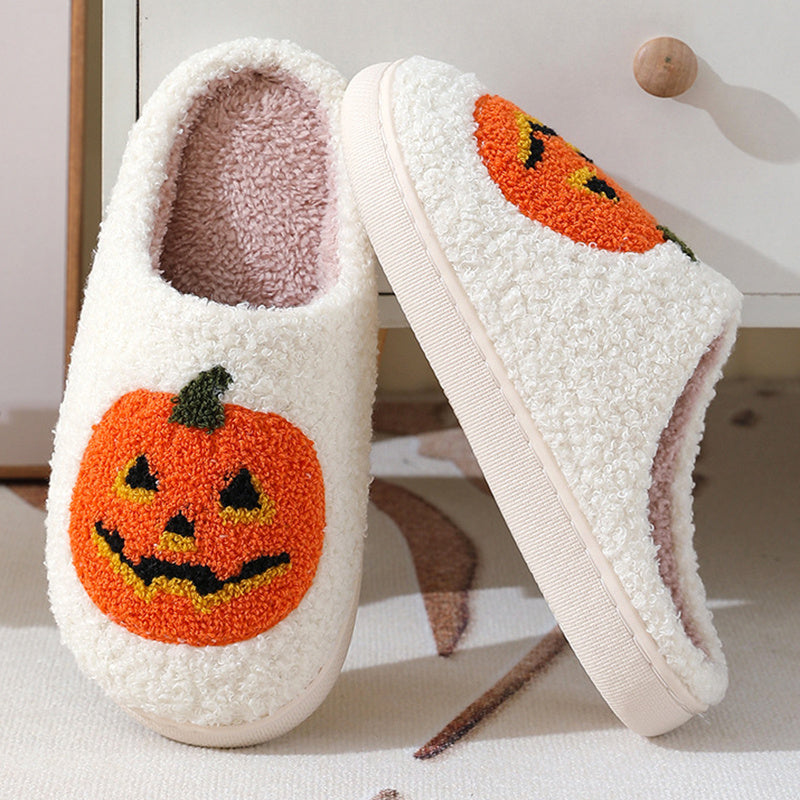 Halloween Pumpkin Plush Slippers – Cozy Warm Indoor House Shoes for Women & Men