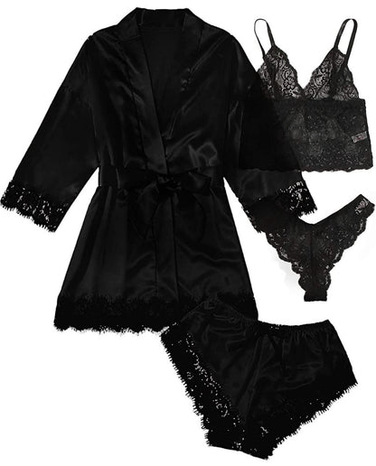 Women's 4-Piece Satin Lace Sleepwear Set – Elegant Loungewear for Confident Nights