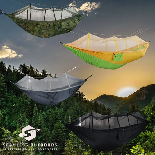 Camping Hammock with Integrated Mosquito Net — Complete Set (Straps + Carabiners)