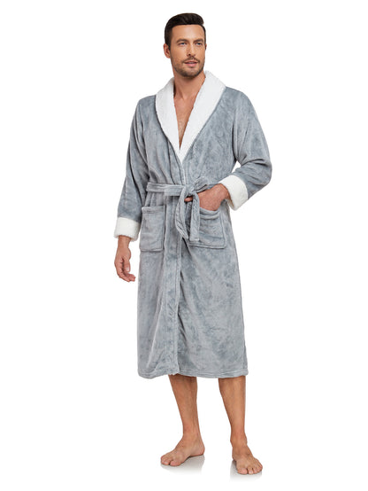 Luxury Plush Bathrobe for Men – Full-Length Warm Fleece Robe with Shawl Collar & Belt