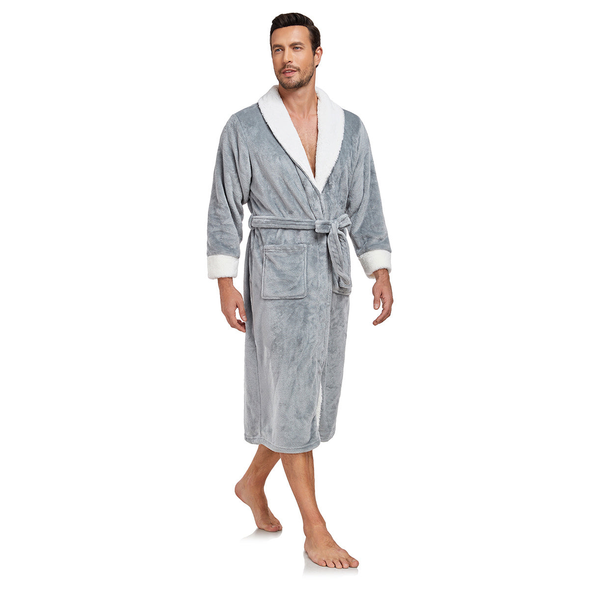 Luxury Plush Bathrobe for Men – Full-Length Warm Fleece Robe with Shawl Collar & Belt