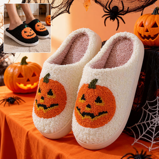 Halloween Pumpkin Plush Slippers – Cozy Warm Indoor House Shoes for Women & Men