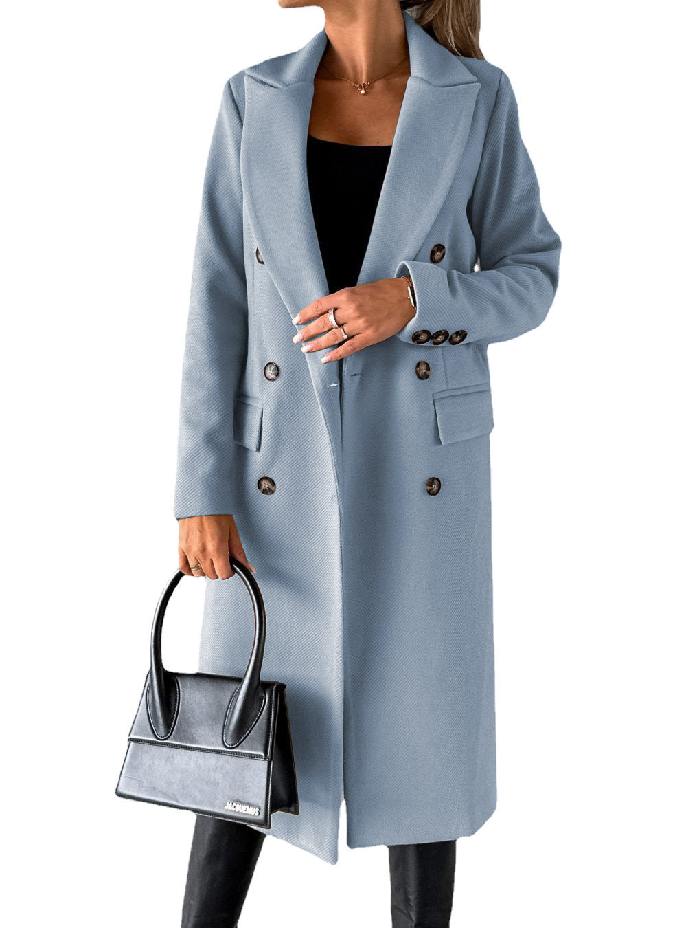 Women’s Elegant Double-Breasted Long Coat – Classic Winter Fashion Overcoat with Pockets