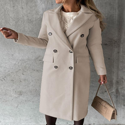 Women’s Elegant Double-Breasted Long Coat – Classic Winter Fashion Overcoat with Pockets
