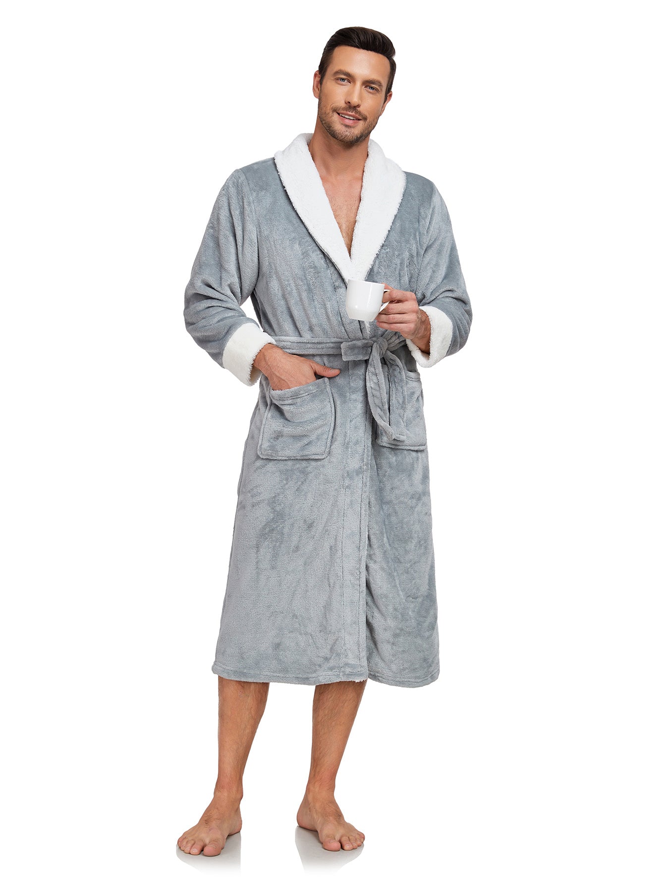 Luxury Plush Bathrobe for Men – Full-Length Warm Fleece Robe with Shawl Collar & Belt