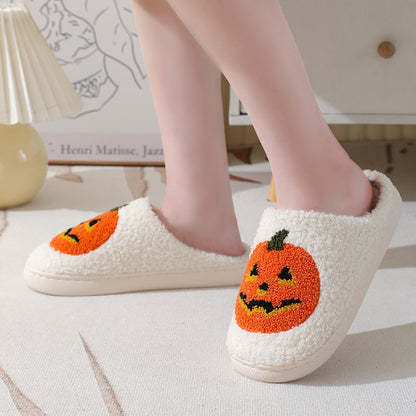 Halloween Pumpkin Plush Slippers – Cozy Warm Indoor House Shoes for Women & Men
