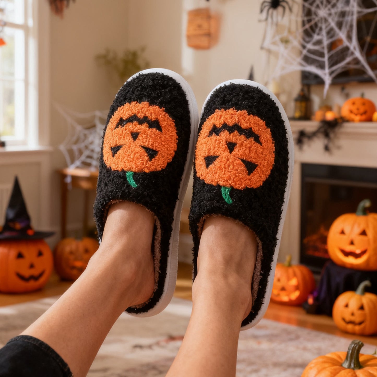 Halloween Pumpkin Plush Slippers – Cozy Warm Indoor House Shoes for Women & Men