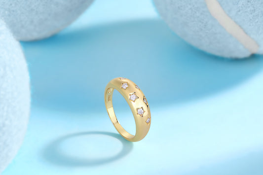 Golden Starburst Moissanite Ring – 925 Sterling Silver, 18K Gold Plated Luxury Jewelry
