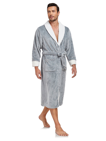 Luxury Plush Bathrobe for Men – Full-Length Warm Fleece Robe with Shawl Collar & Belt