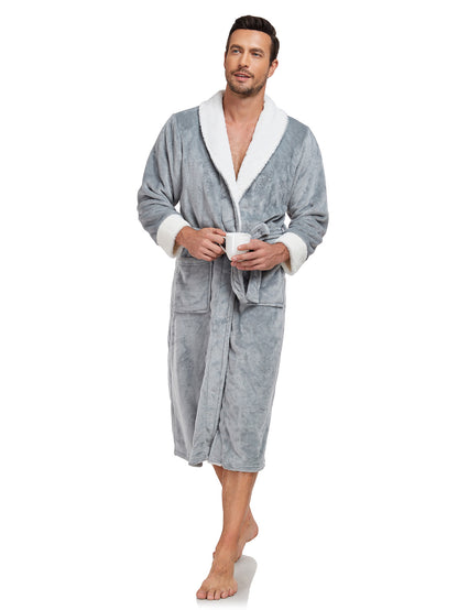 Luxury Plush Bathrobe for Men – Full-Length Warm Fleece Robe with Shawl Collar & Belt