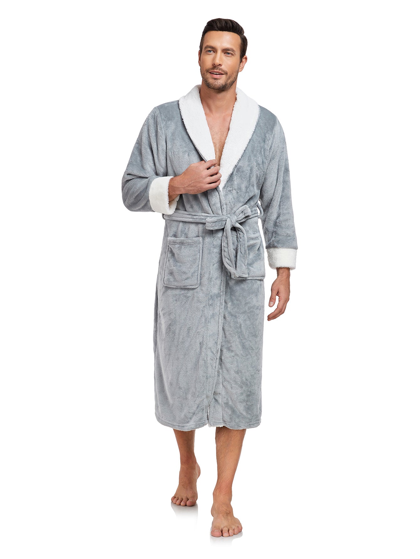 Luxury Plush Bathrobe for Men – Full-Length Warm Fleece Robe with Shawl Collar & Belt