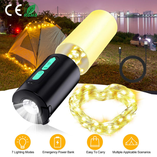 4-in-1 Rechargeable Camping Light with String Lights & Power Bank