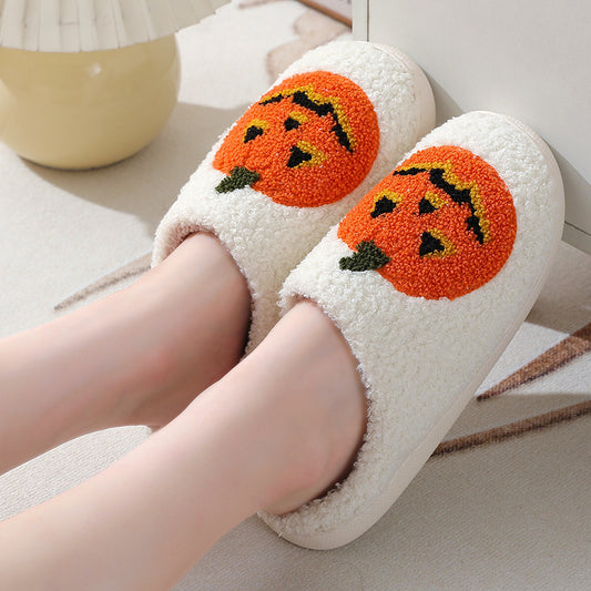 Halloween Pumpkin Plush Slippers – Cozy Warm Indoor House Shoes for Women & Men