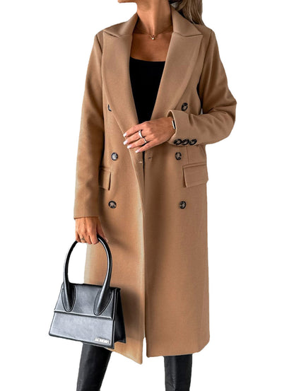 Women’s Elegant Double-Breasted Long Coat – Classic Winter Fashion Overcoat with Pockets
