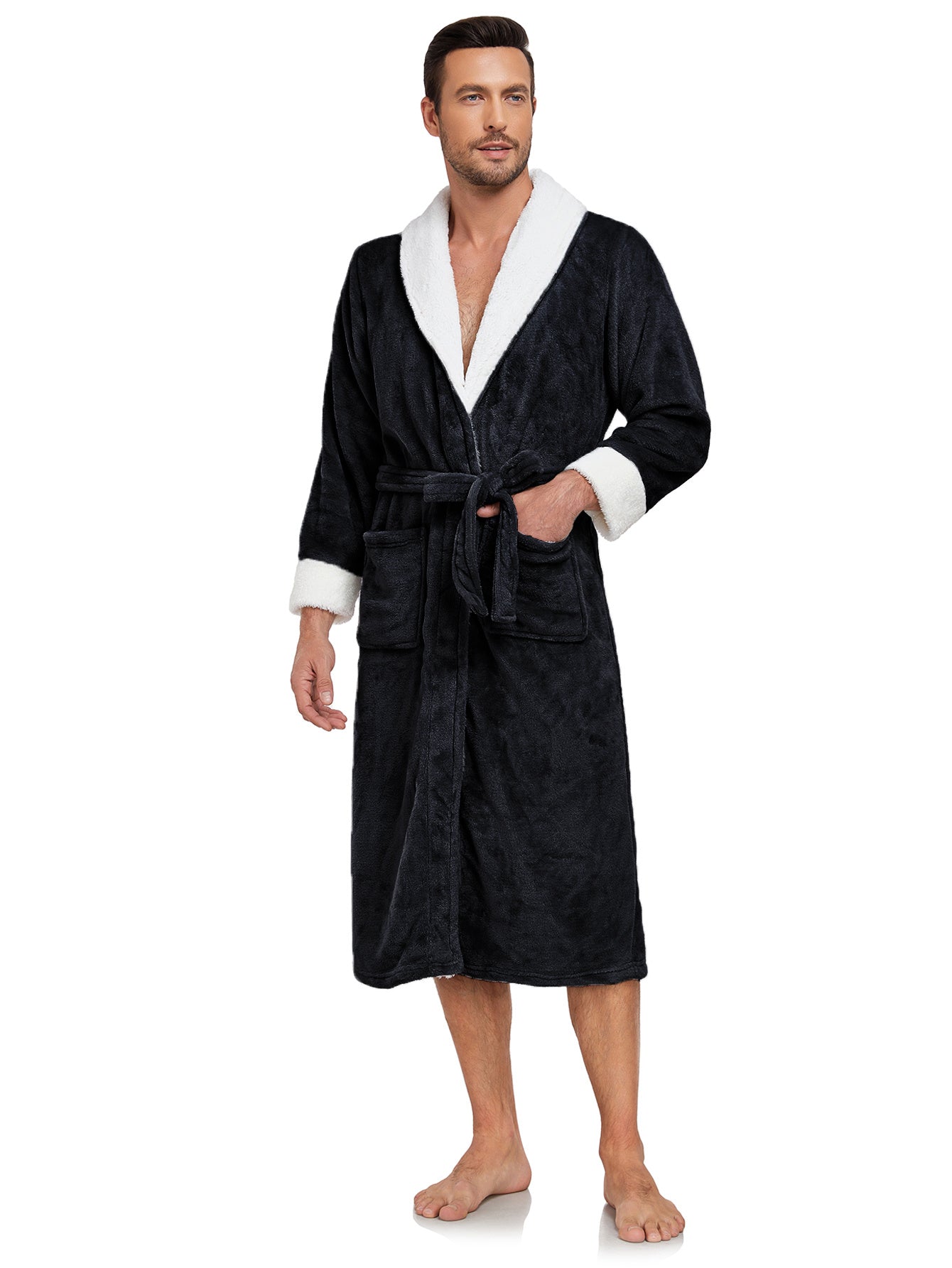 Men’s Plush Fleece Robe – Full-Length Shawl Collar Bathrobe for Ultimate Comfort