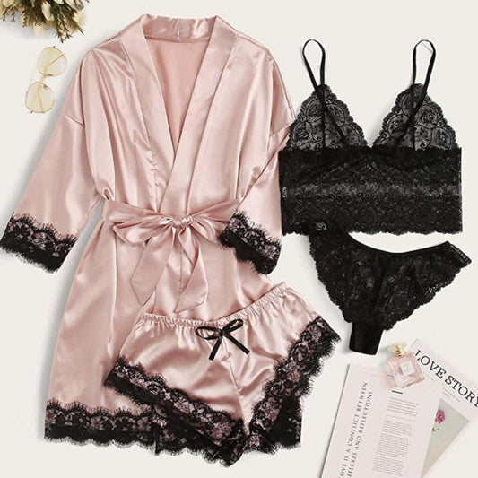 Women's 4-Piece Satin Lace Sleepwear Set – Elegant Loungewear for Confident Nights