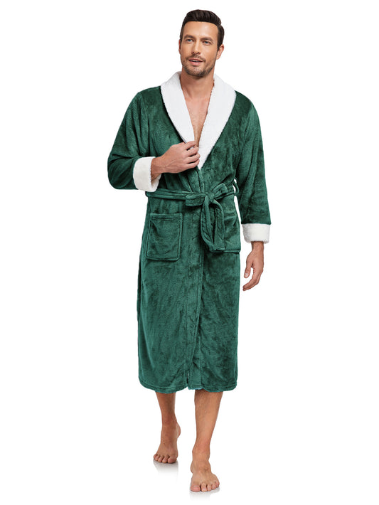 Men’s Plush Long Bathrobe – Soft Fleece Robe with Shawl Collar & Belt, Full Length, Warm and Cozy Loungewear