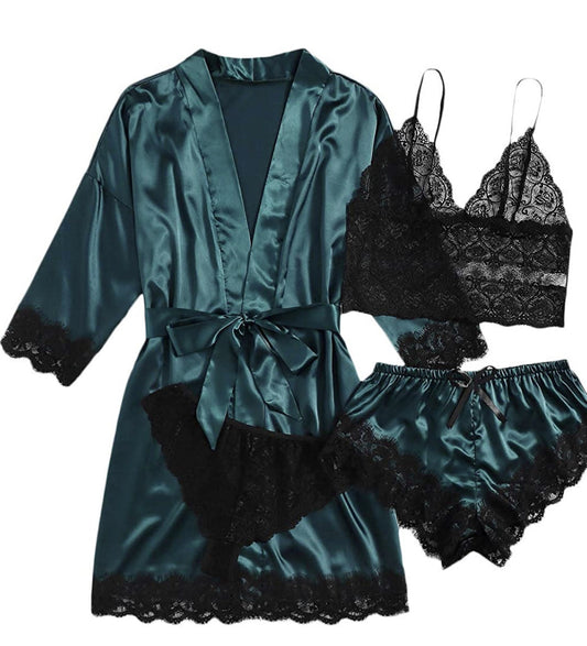 Women's 4-Piece Satin Lace Sleepwear Set – Elegant Loungewear for Confident Nights